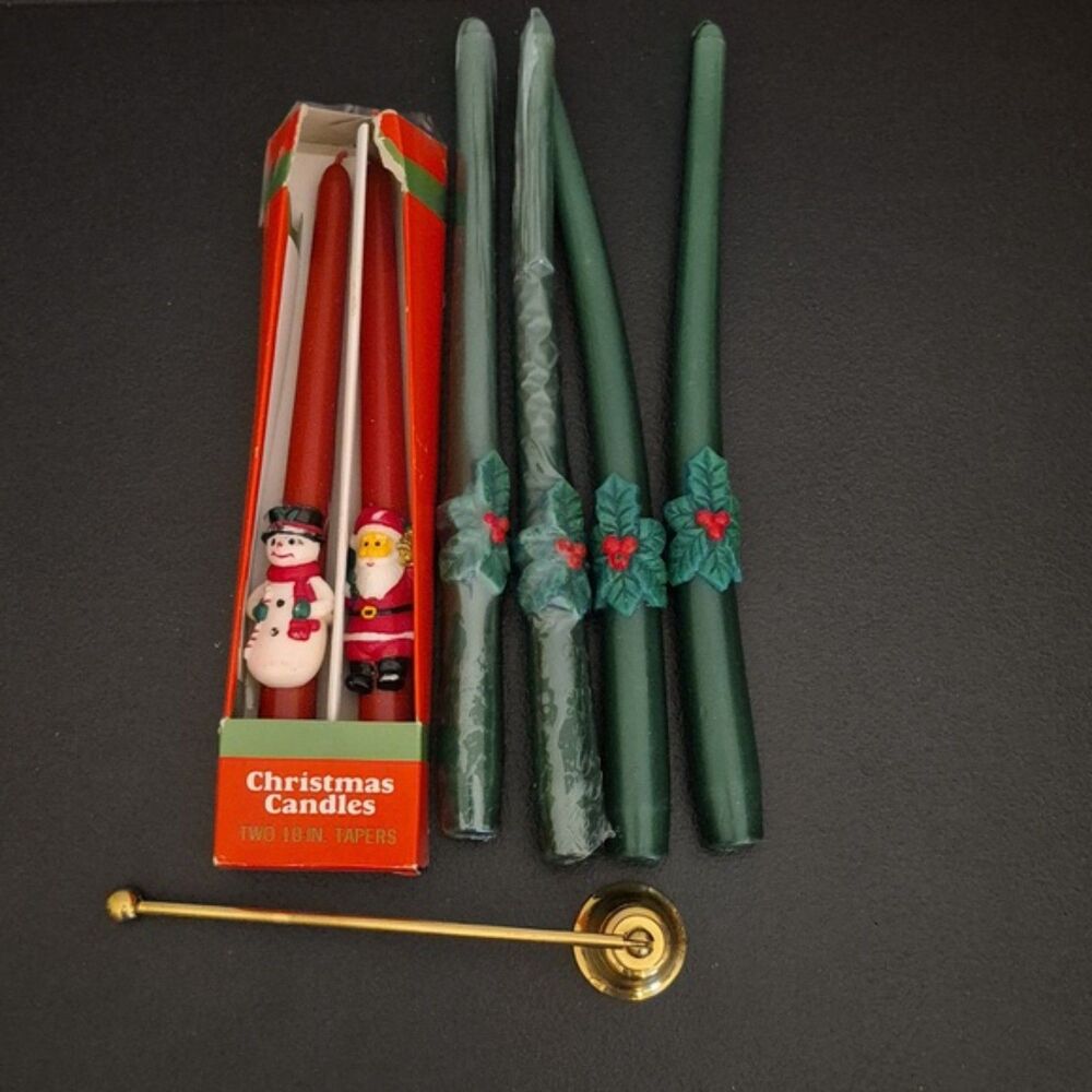 Vintage Brass Candle Snuffer & Vtg Christmas Taper Candles Berry Santa Snowman